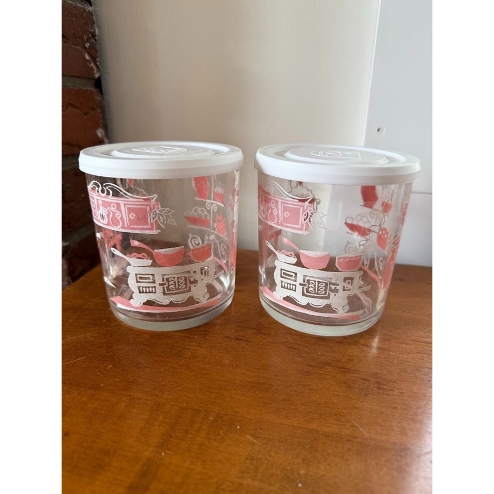 2 VINTAGE HAZEL ATLAS EZ FREEZE COTTAGE CHEESE GLASS MCM PINK WITH COVERS